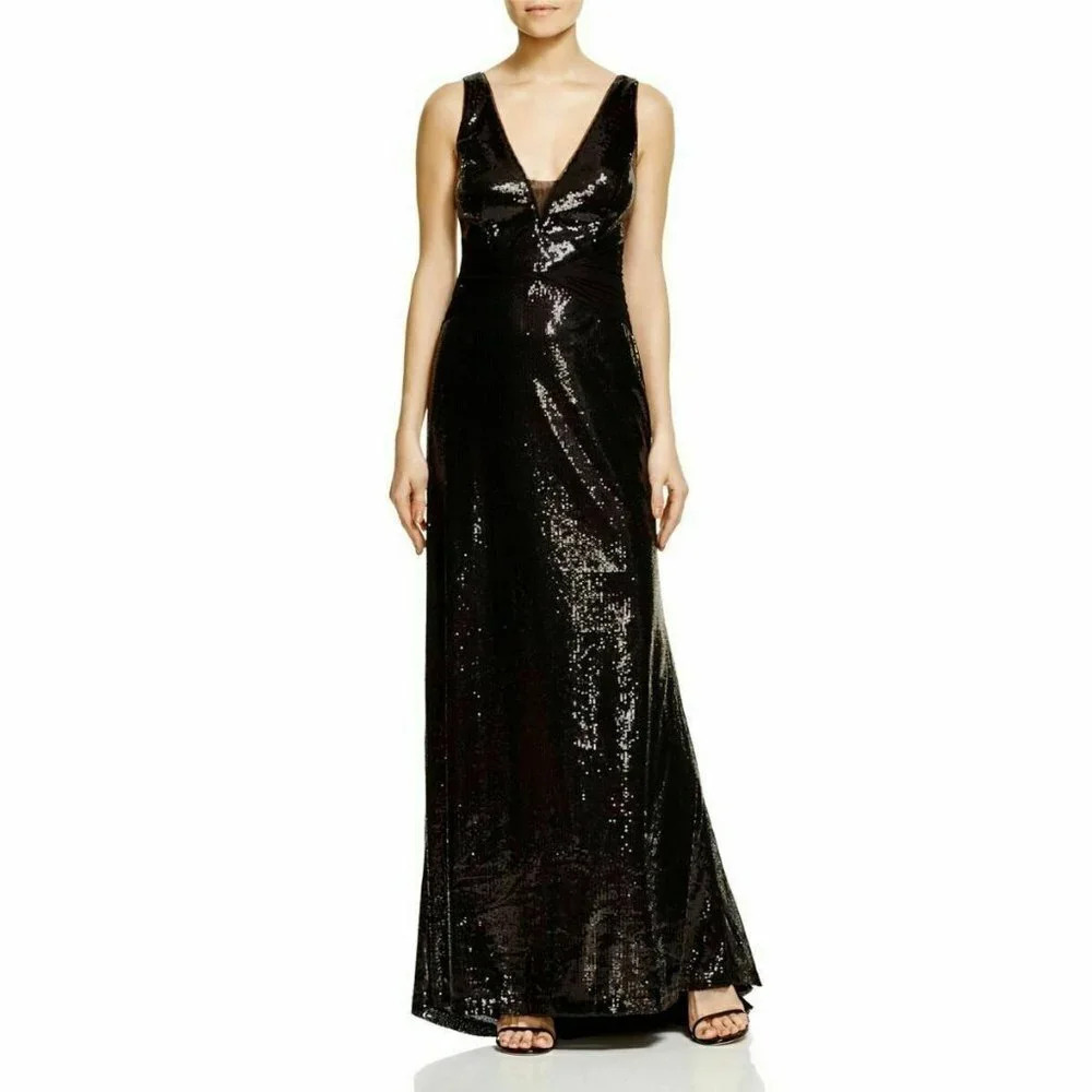Vera Wang V-Neck Sequined Gown with Mesh Twist Detail Waist Black Size 2